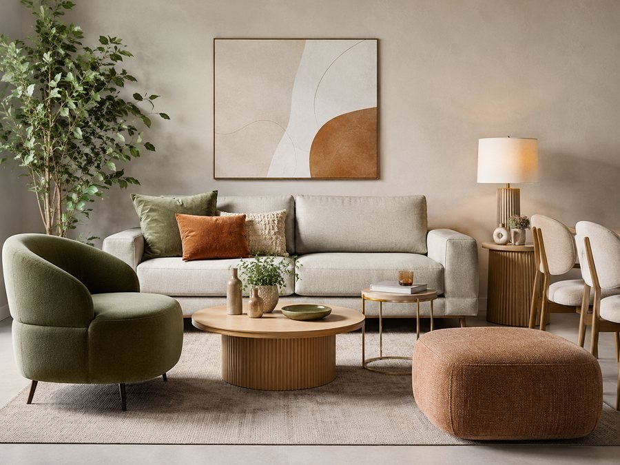 Ambiente com sofá, poltrona e móveis para casa