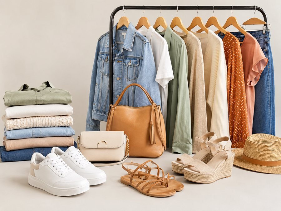 Roupas, calçados e acessórios organizados